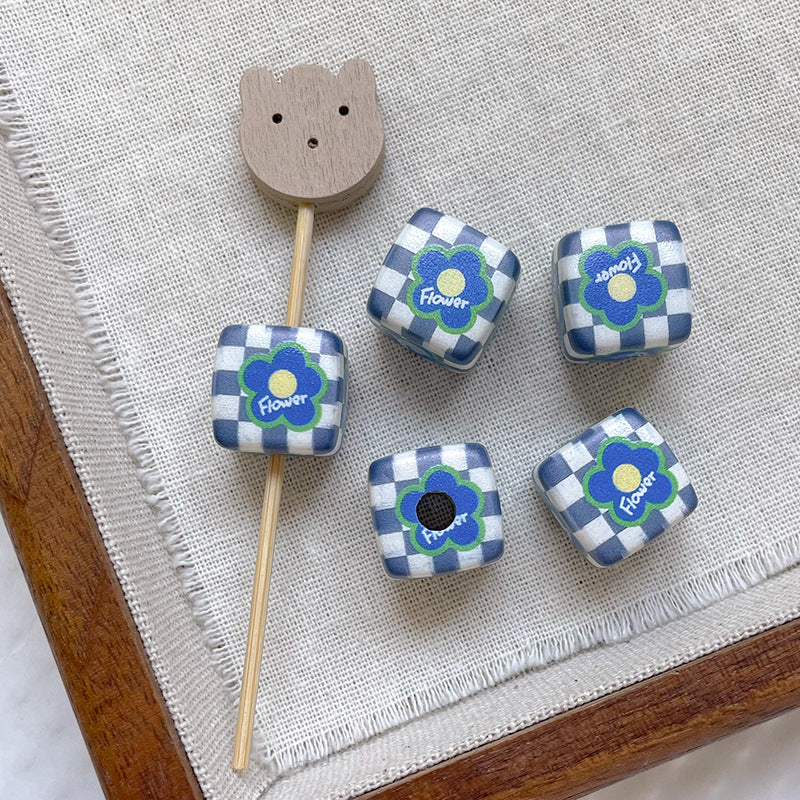 Wholesale 10pcs Garden Checkerboard Tulip Flowers Love Blocks Acrylic Beads