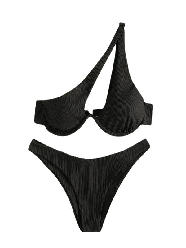 Wholesale Multicolor Two-piece Swimsuit Solid Color One Shoulder Underwire Bikini Swimwear