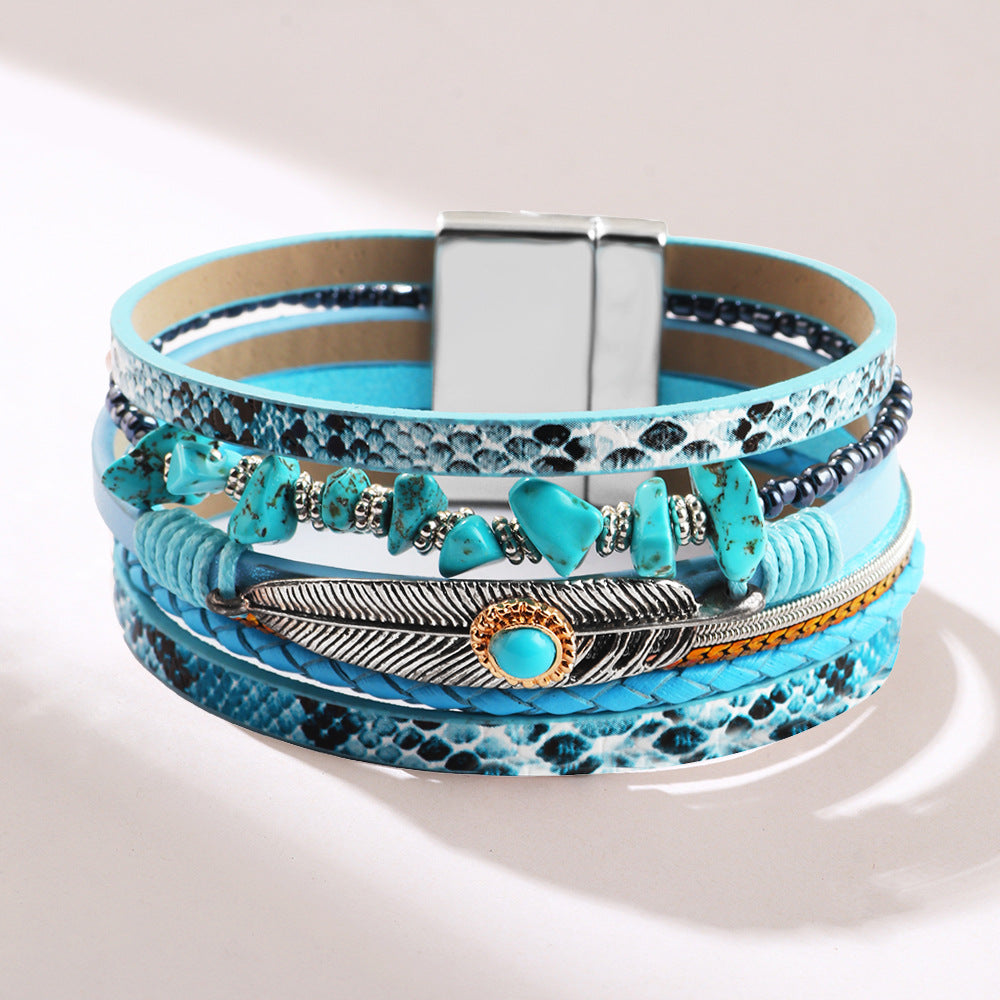 Wholesale Vintage Feather Blue Turquoise Gravel Multi-Layer Leather Bracelet