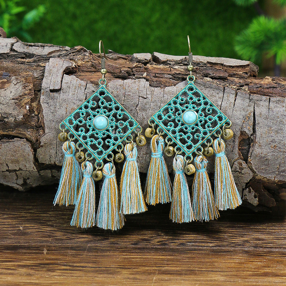 Wholesale Rhombus Carved Tassel Alloy Earrings Necklace Set