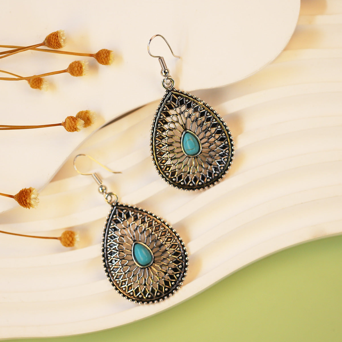 Wholesale Bohemian Ethnic Style Turquoise Hollow Earrings