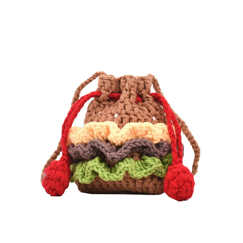 Wholesale Hamburger Woolen Bag Hand-knitted Drawstring Headphone Lipstick Bag Children's Crossbody Bag