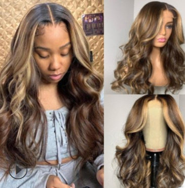 Wholesale Middle-parted gradient yellow long curly hair women's big wave rose net wig