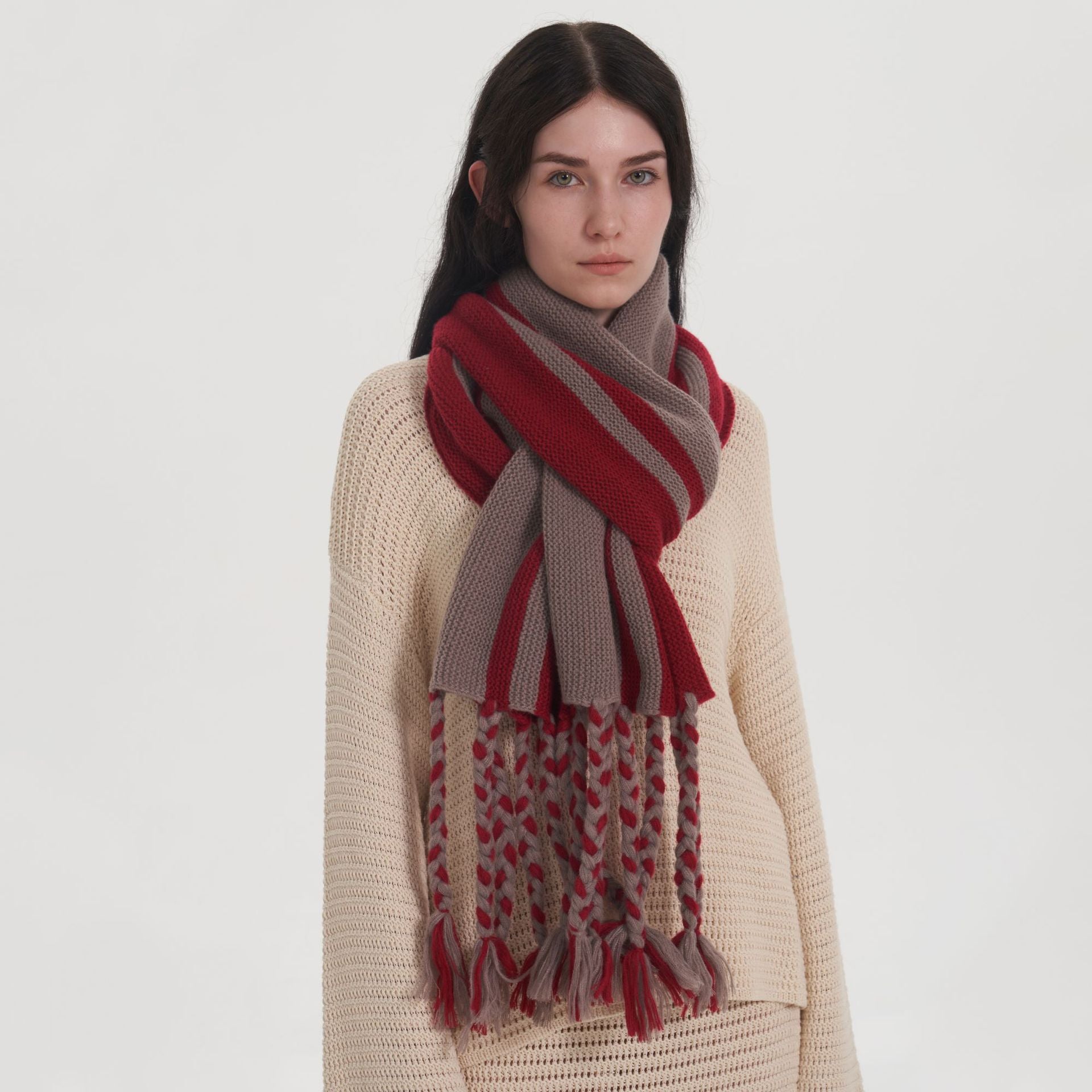 Wholesale Niche Geometric Striped Twist Tassel Knitted Scarf