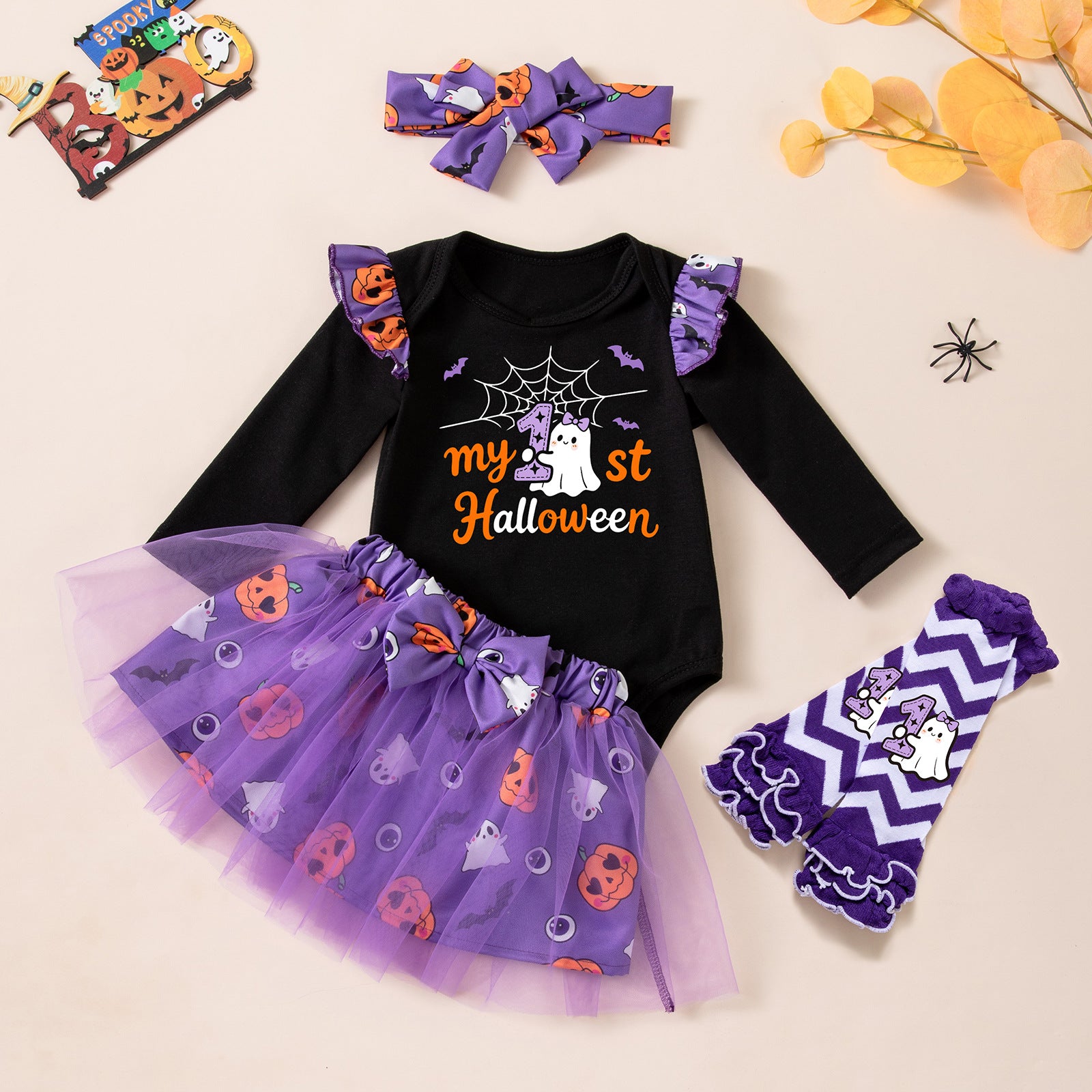 Wholesale Cute  Baby Girl Outfit Set Long Sleeve Ghost Pumpkin Skirt And Socks