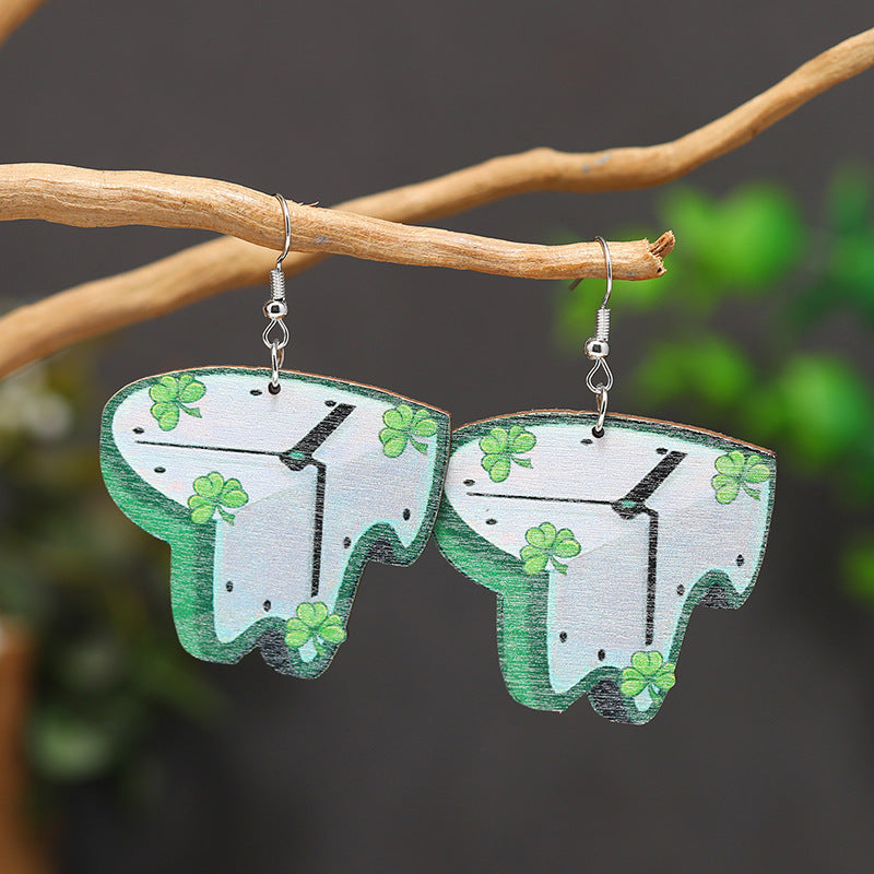Wholesale Patrick's Day Four Leaf Clover Apple Water Drop Hollow Heart Wooden Earrings