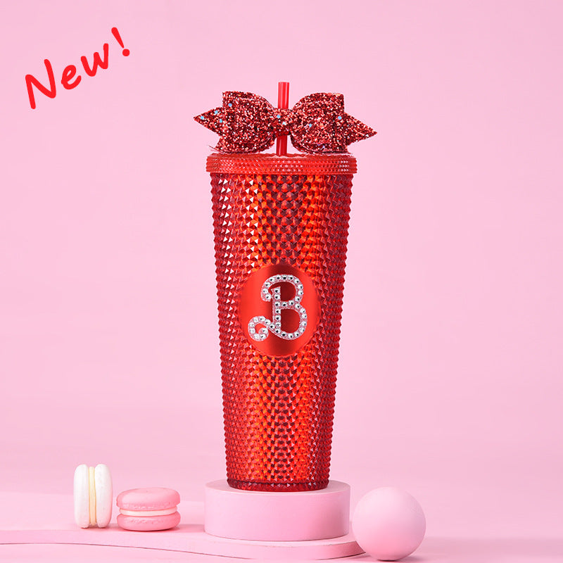 Wholesale Double-layer Plastic 710ml Large Capacity Straw Cup with Glitter Bow Tie Hand Cup Durian Cup