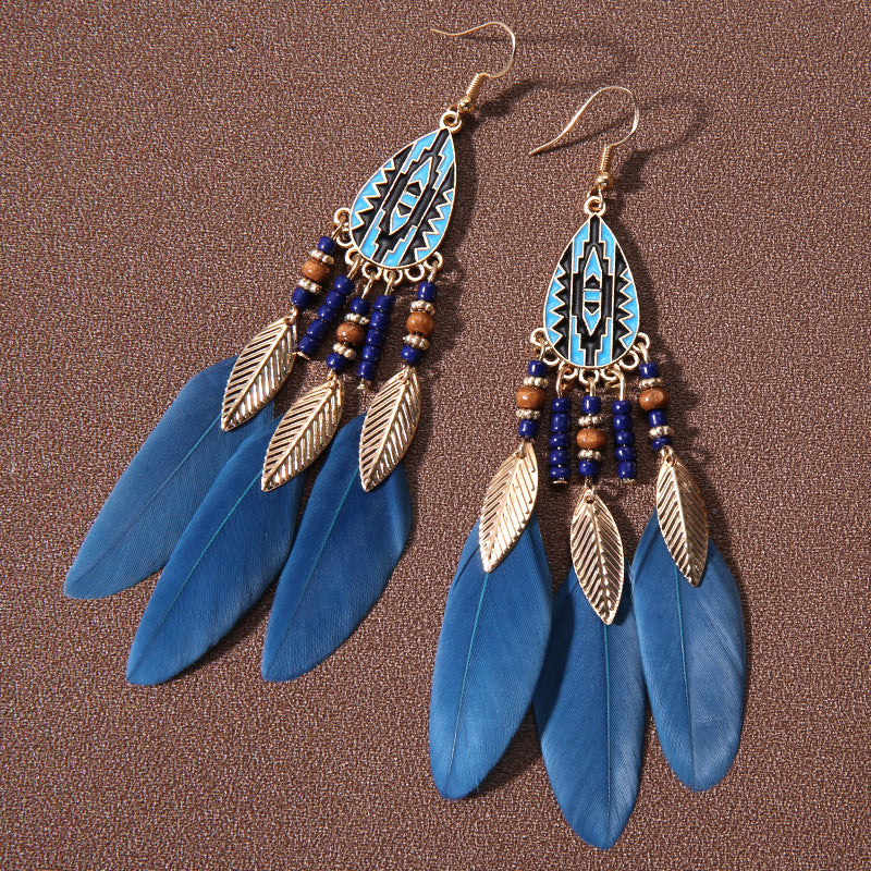 Wholesale Water drop tassel feather earrings long Bohemian rice beads ethnic style earrings