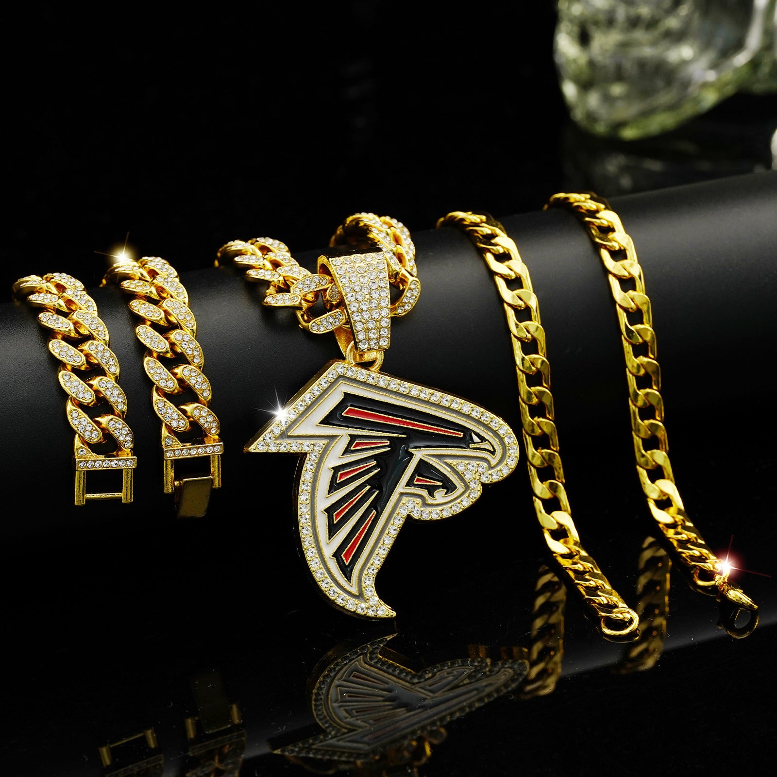 Wholesale Diamond Eagle Head Necklace Hip Hop Cuban Chain Bracelet Set