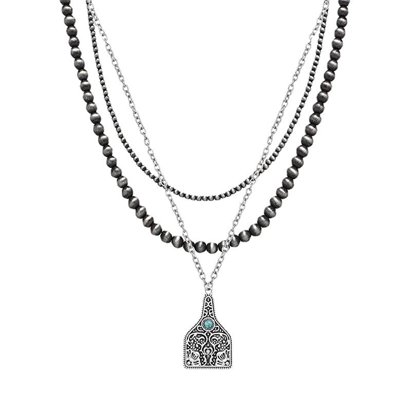 Wholesale Western Style Vintage Engraved Turquoise Pendant Multi-layered Necklace