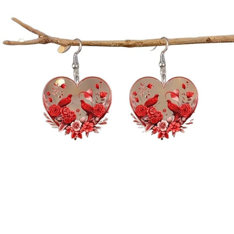 Wholesale Heart shaped Red Flower Valentine' s Day Biwing Earrings