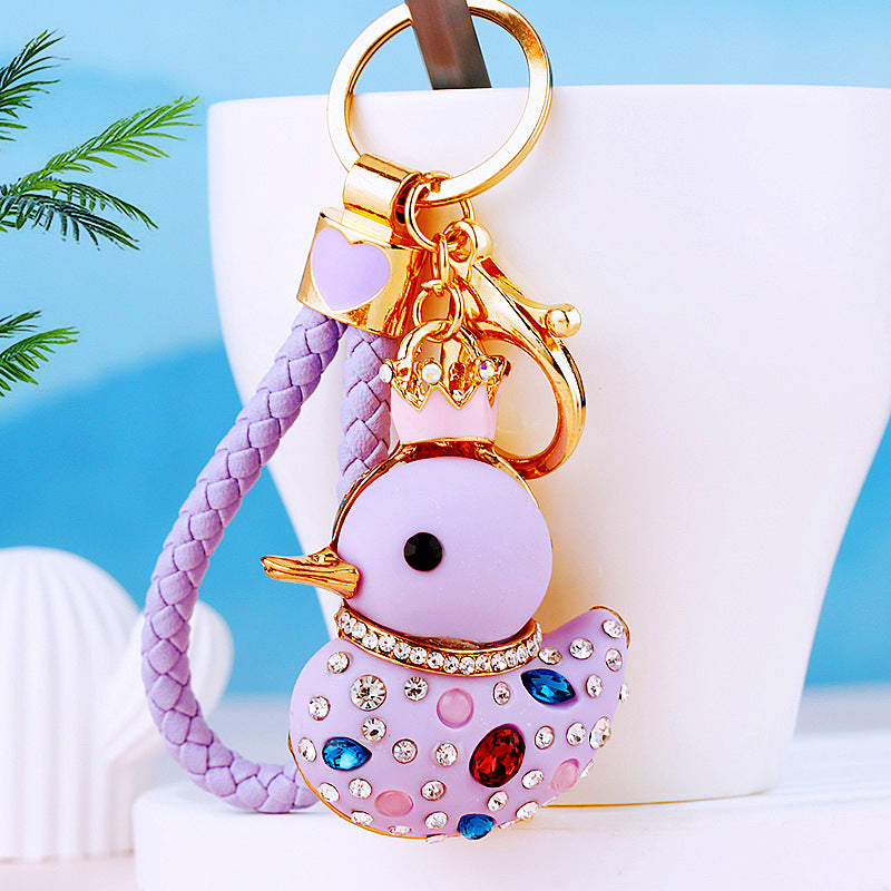 Wholesale Cute Crystal Studded Little Yellow Duck Car Keychain Bag Charm For Women Boutique Resale Decorative Accessory
