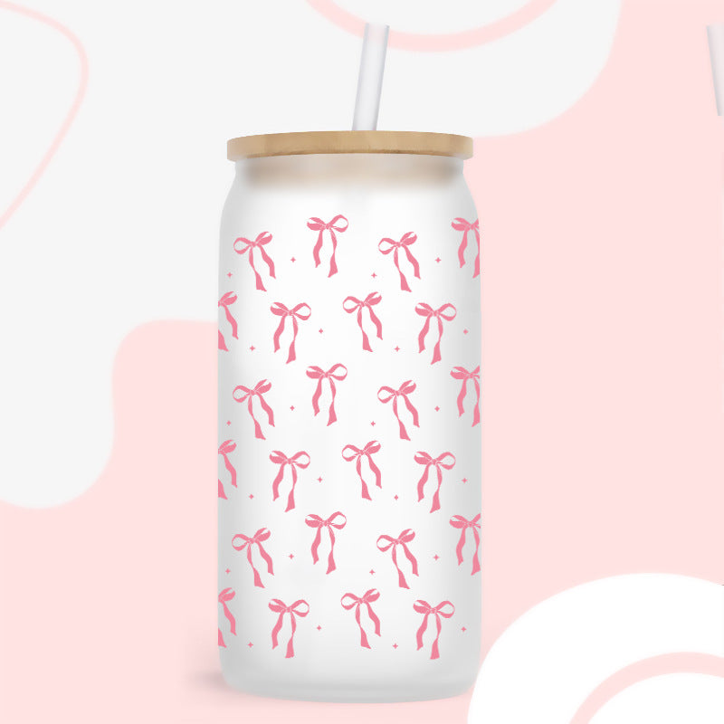 Wholesale Pink flower bow 16oz Cup UV DTF Wraps