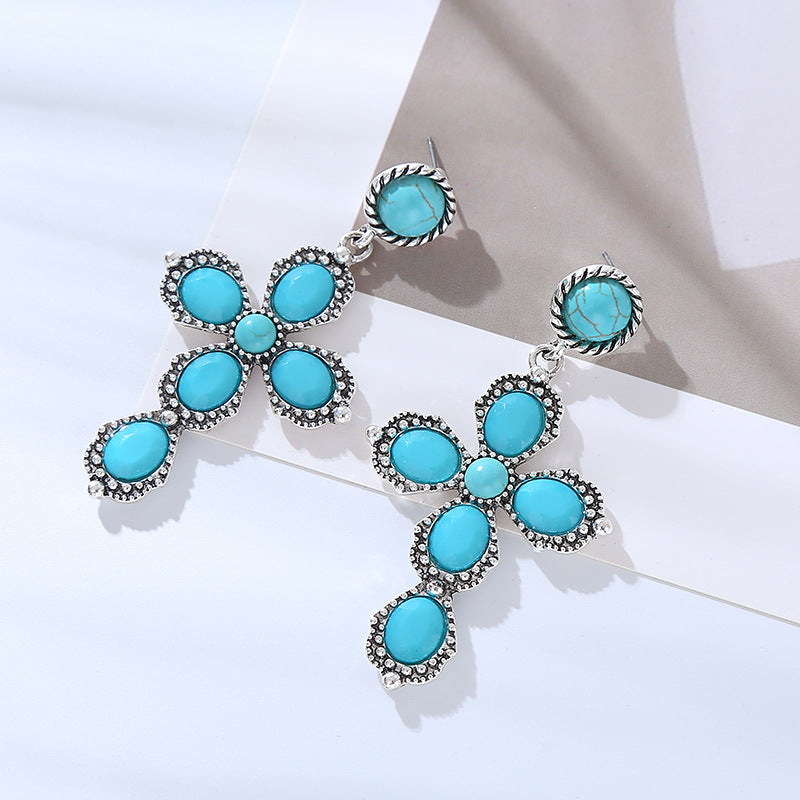 Wholesale Bohemian Retro Ethnic Style Alloy Turquoise Cross Earrings