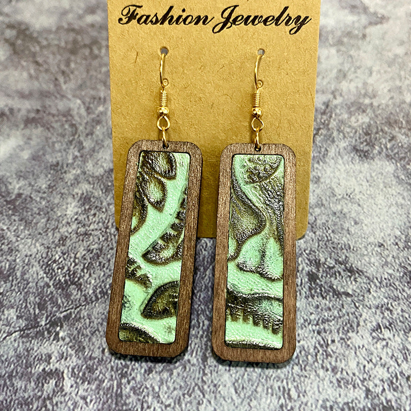 Wholesale Western Leopard Print Minimalist Bar Leather Retro Geometric Texture Inlaid Earrings