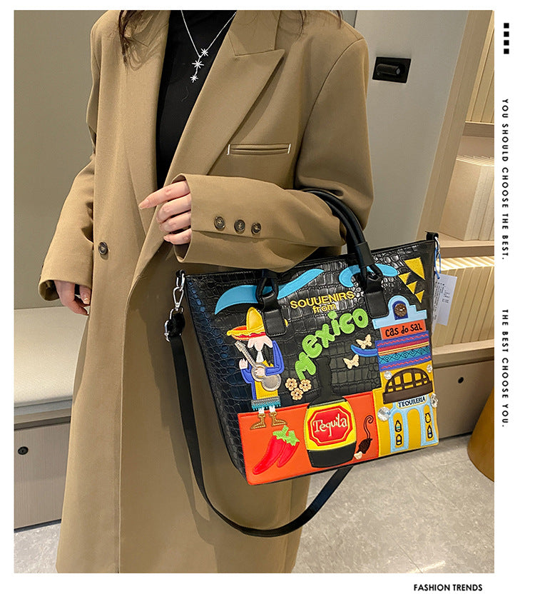 Bordado de tema mexicano de PU al por mayor Bordado de gran capacidad Bolso de hombro casual