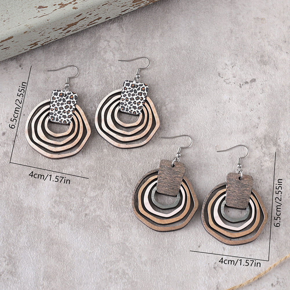 Wholesale Bohemian Gradient Hollow Pendant Wooden Double-sided Earrings