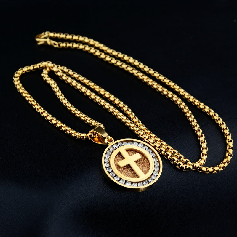 Wholesale Titanium Steel Hip Hop Necklace With Diamond Cut Cross Round Pendant Unisex Everyday Jewelry Accessory