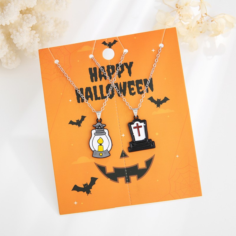 Wholesale New Halloween Cartoon Kids Alloy Drip Oil Spooky Pumpkin Necklace Set