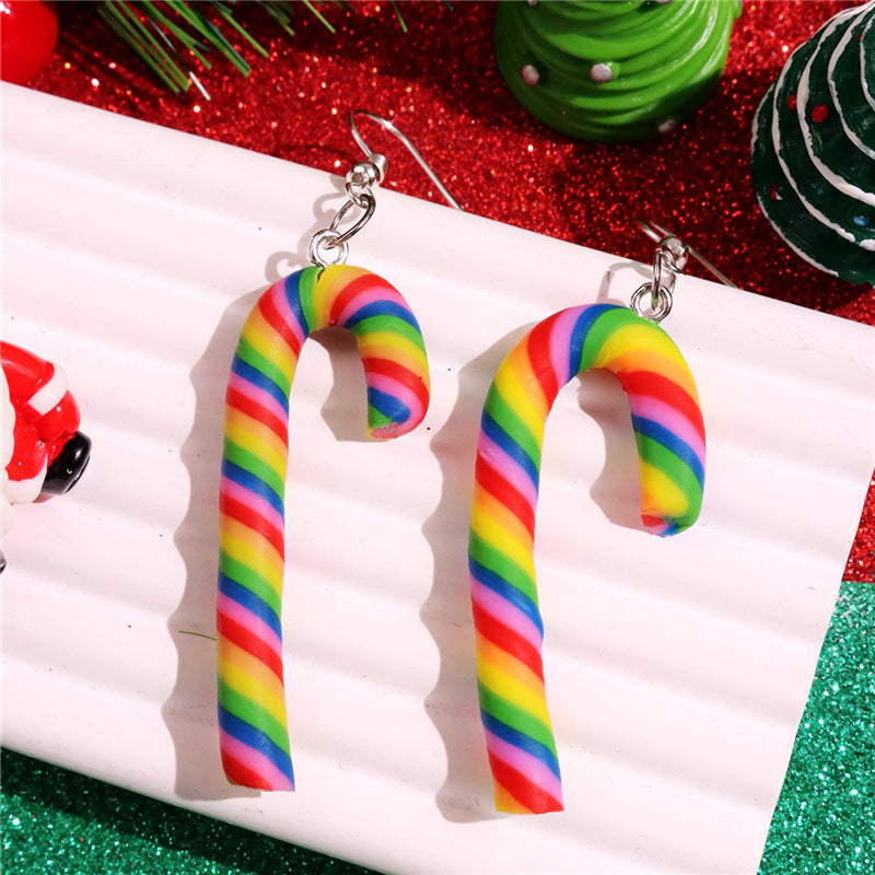 Wholesale Large Candy Cane Christmas Colorful Stripesd Rainbow Candy Pendant Earrings
