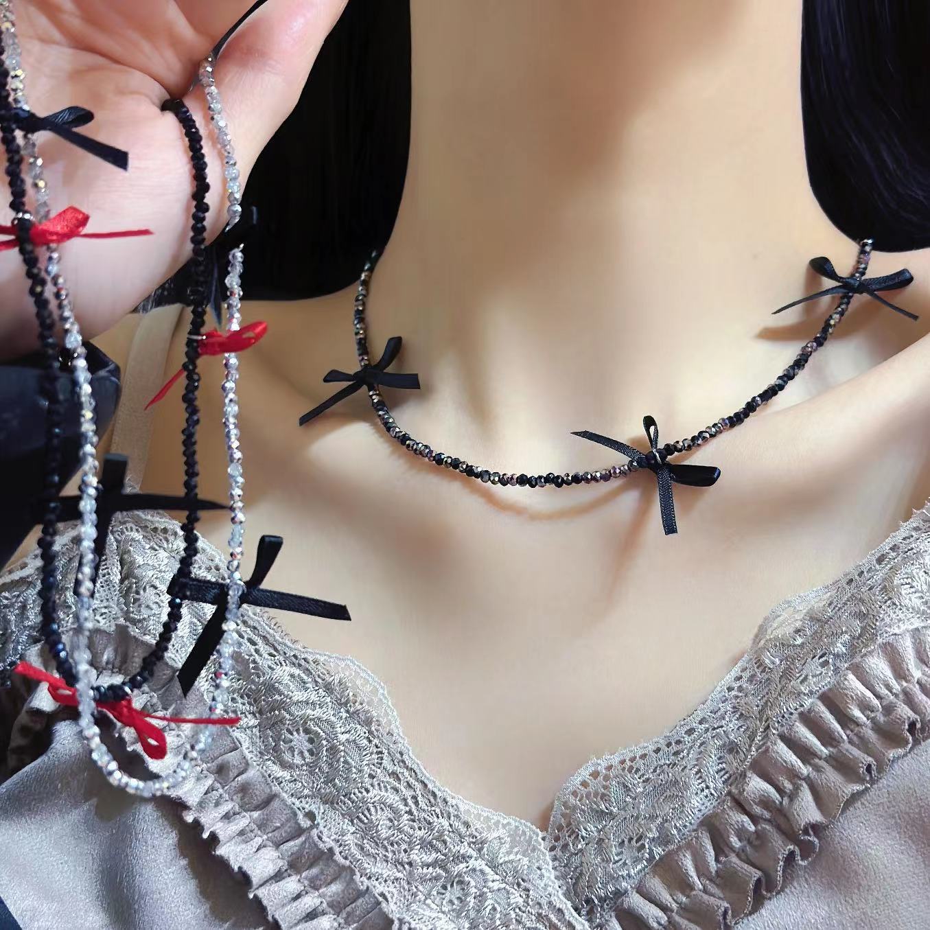 Wholesale exquisite crystal beaded necklace ribbon bow clavicle chain