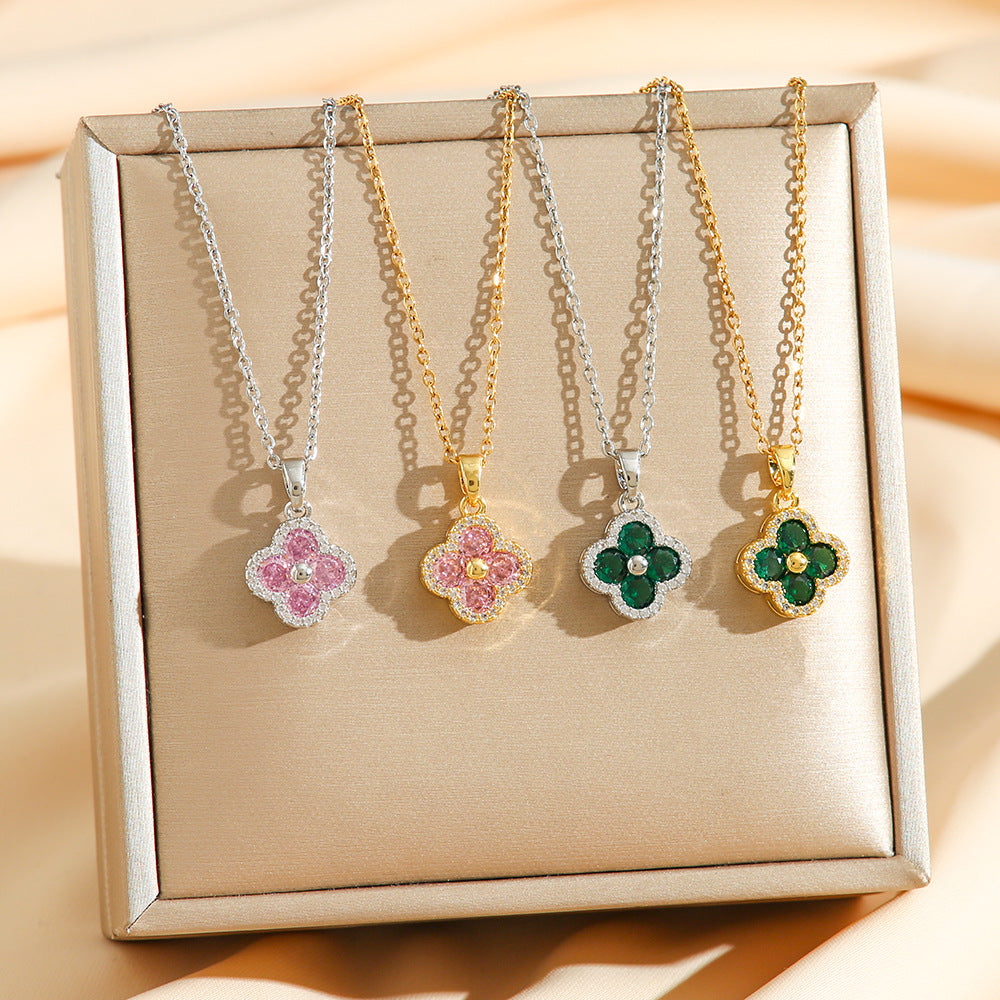 Wholesale Full Diamond Zircon Lucky Color Diamond Clover Titanium steel necklace
