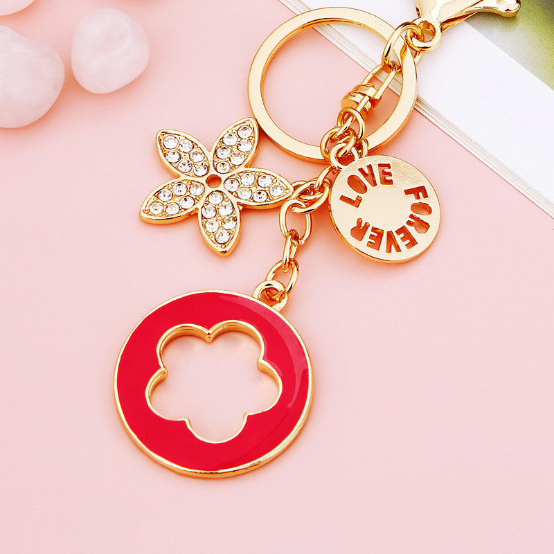 Wholesale Pink Four Leaf Clover Love Lock Keychain Rhinestone Inlaid Metal Car Key Ring Fashion Accessory Gift