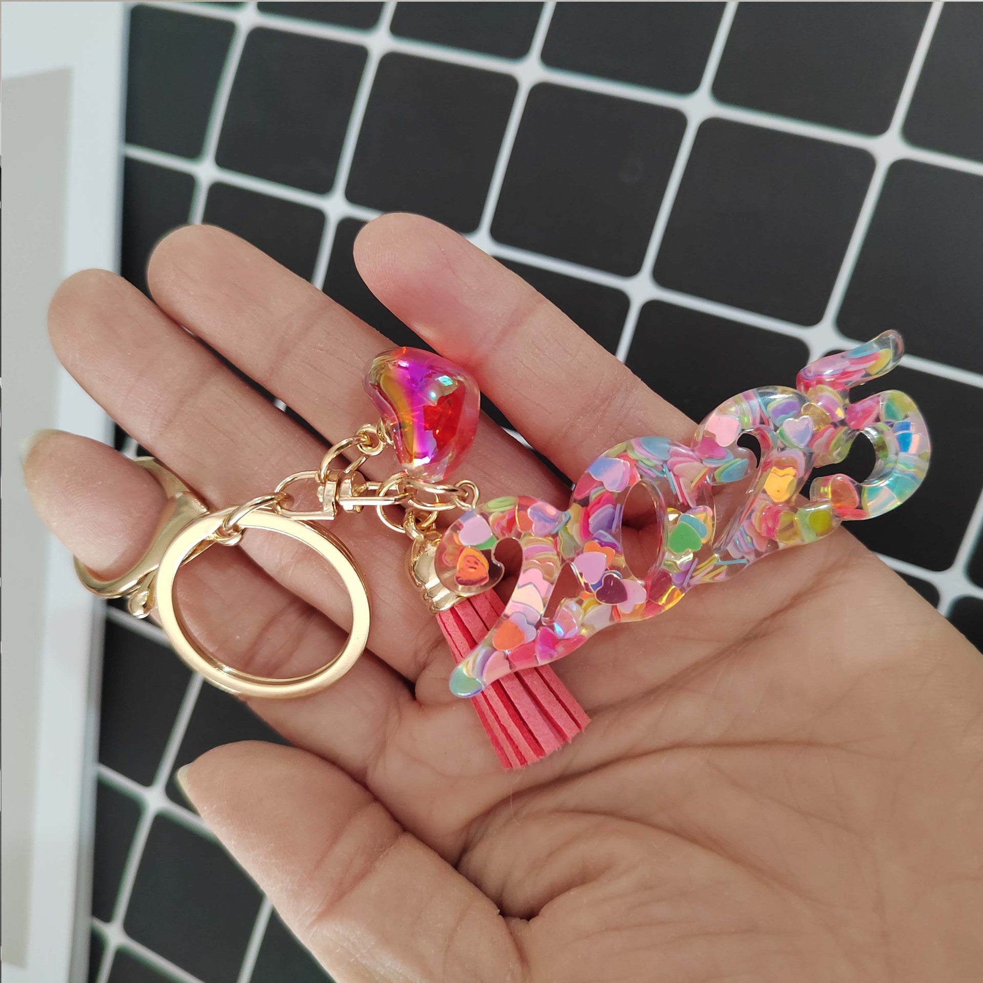 Wholesale Resin  digital creative accessories popular love hanging sequins mixed color keychain
