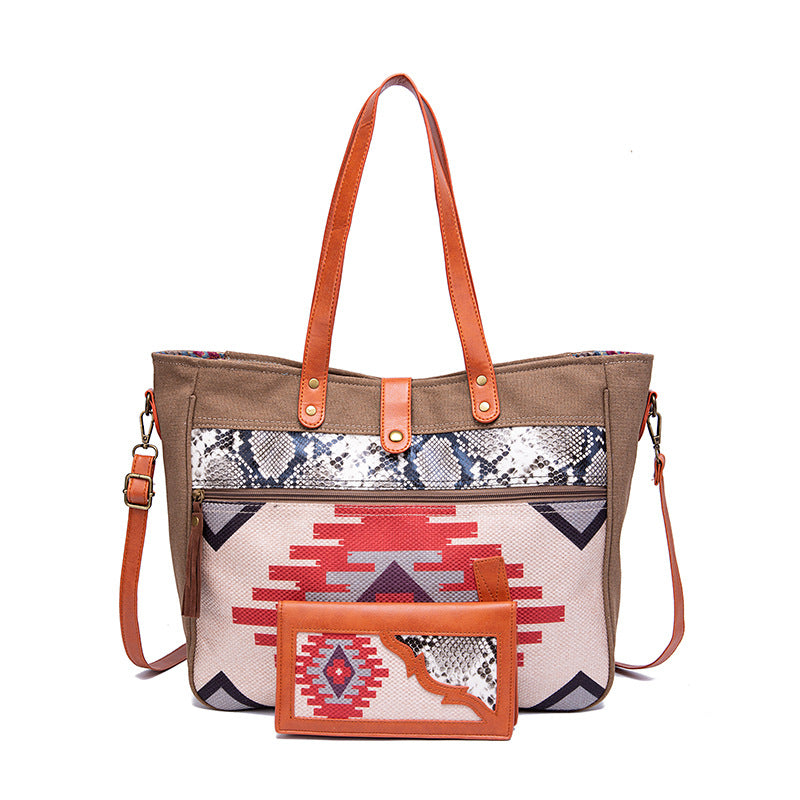 Wholesale Aztec Pattern Vintage Canvas Cotton Linen Tote Shoulder Bag Plus Wallet