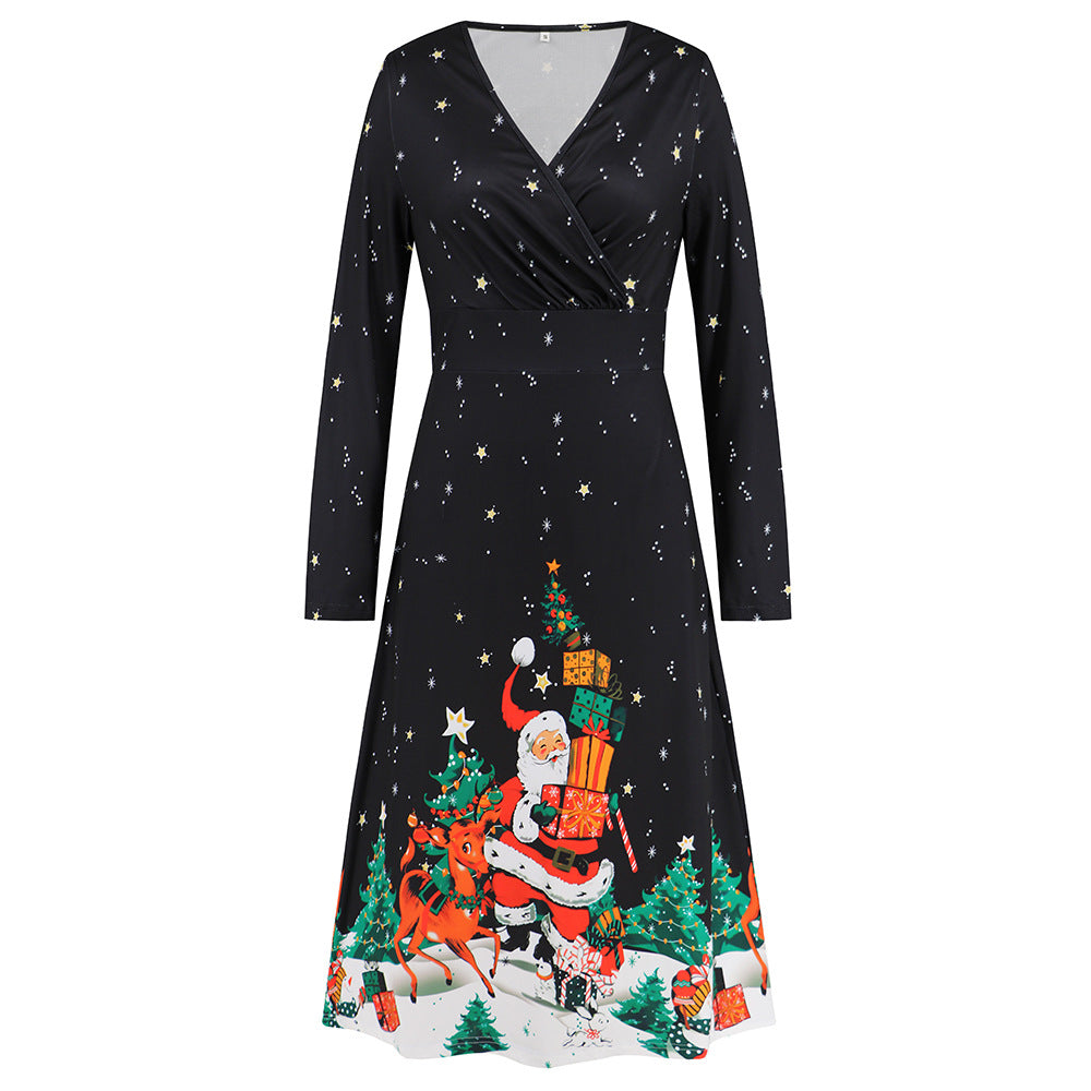 Wholesale Women's V Neck Long Sleeve Christmas Printed Dress