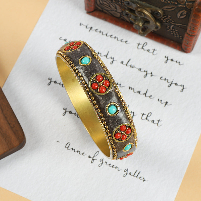 Wholesale Tibetan Nepalese Vintage Turquoise Brass Bracelet