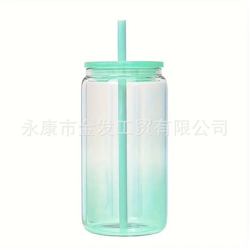 Wholesale 16oz Sublimation High Borosilicate Jelly Color Gradient Mason Glass Cup Portable Color PP Cover Glass Slipper Cup