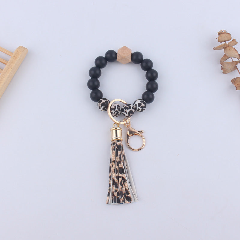 Wholesale Silicone Leather PU Short Tassel DIY Leopard Beaded Bracelet Keychains