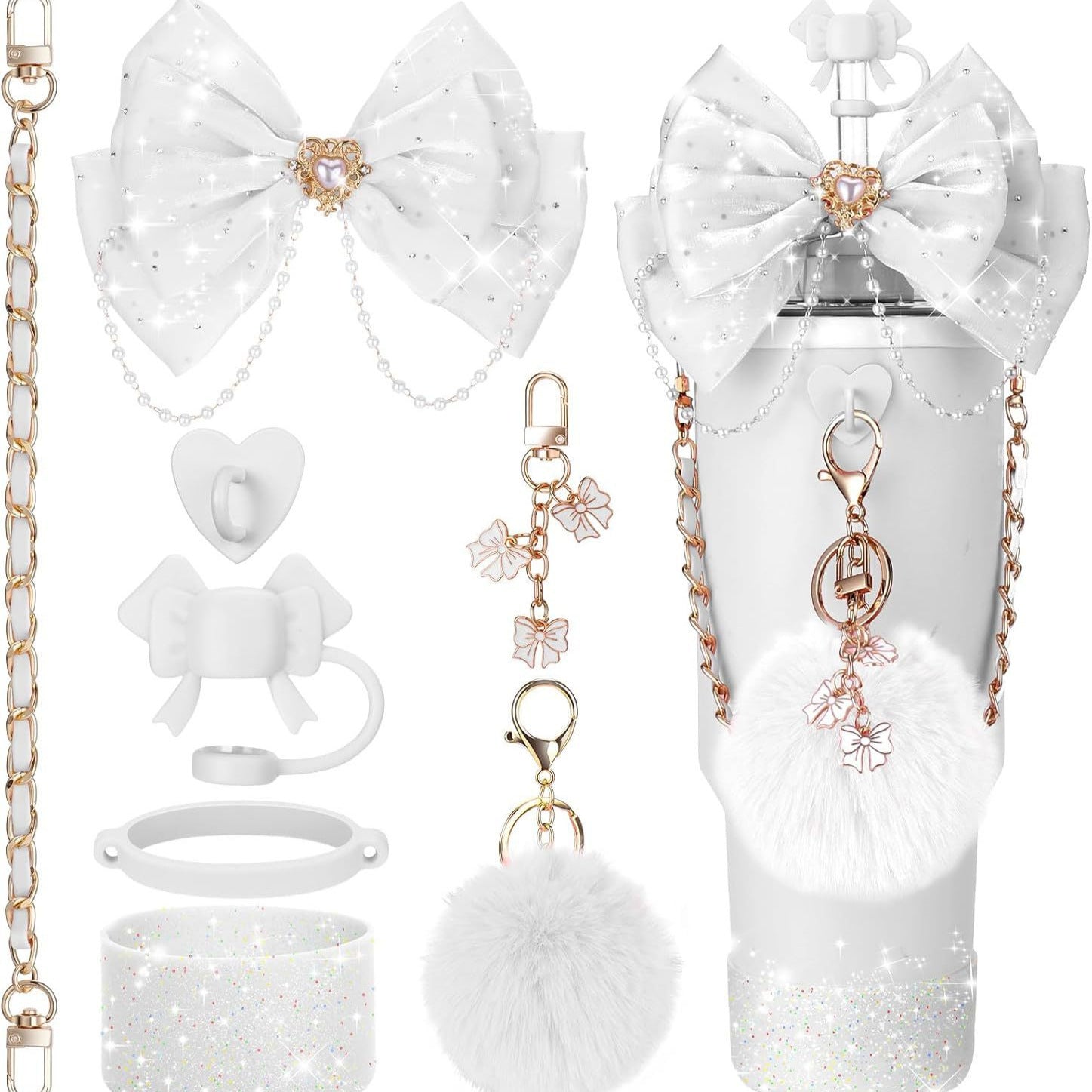 Wholesale Straw hat cup sleeve cup chain bow glitter pendant plush ball pendant