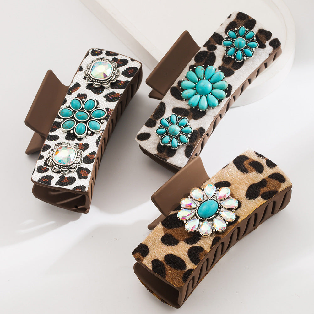 Wholesale Ancient Silver Alloy Turquoise Hair Clip Retro Leopard Print Sequined Leather Hair Clips