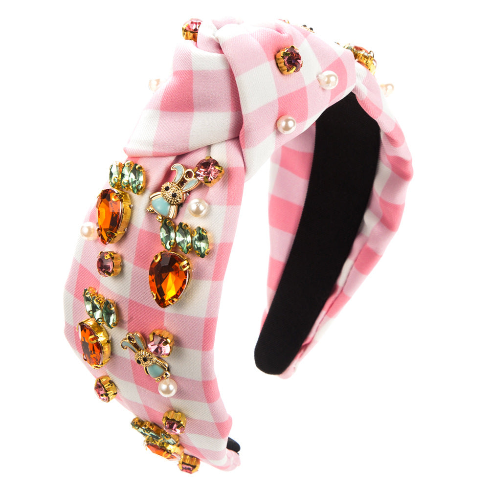 Wholesale Easter Mesh Fabric Hand-stitched Glass Diamond Rabbit Headband