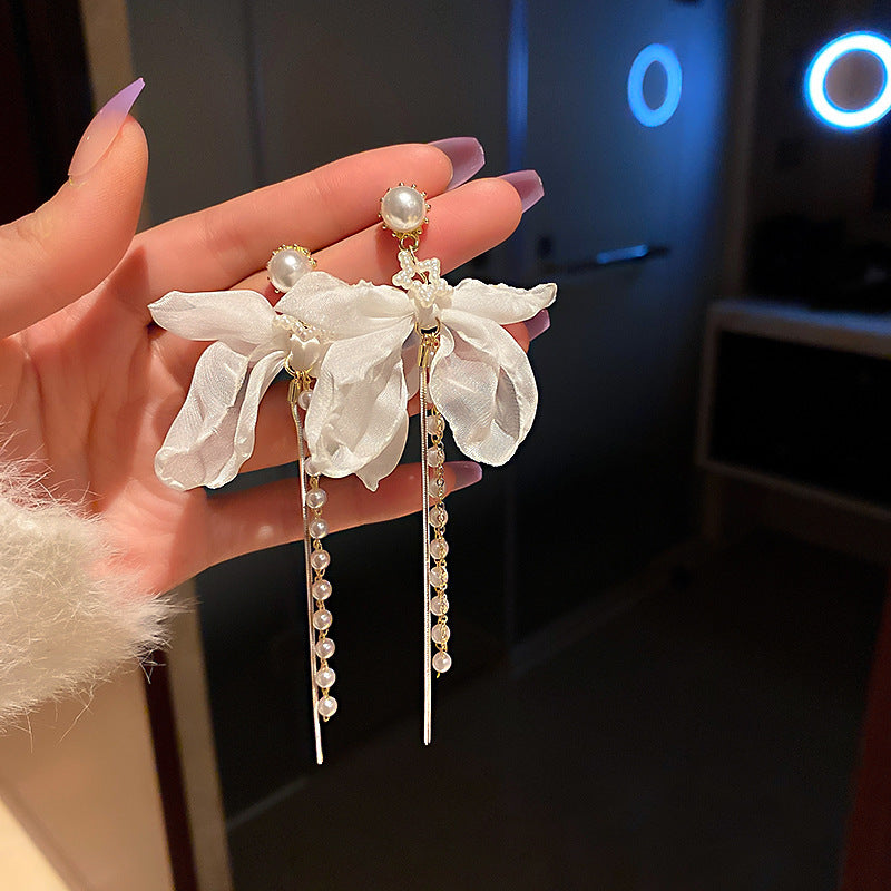 Wholesale Silver Needle White Chiffon Bow Pearl Long Tassel Vintage Earrings