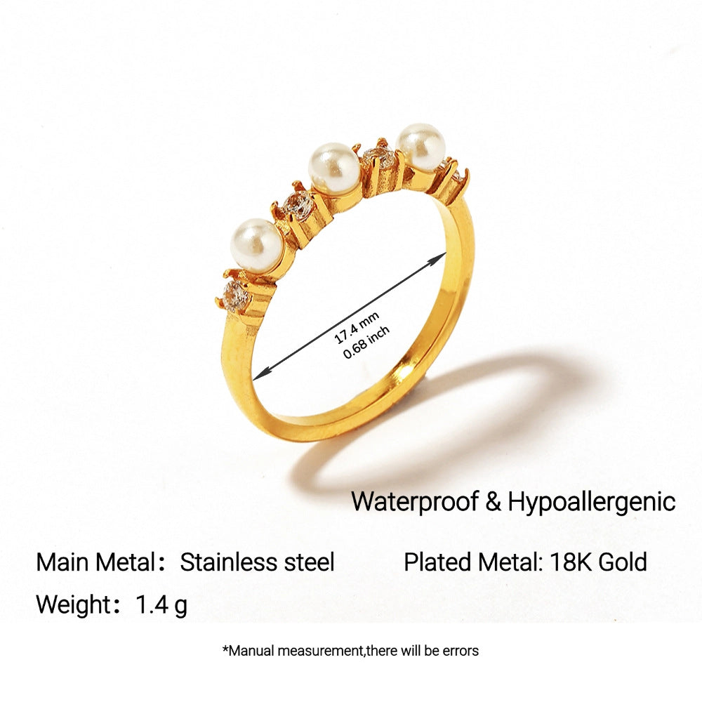 Wholesale Stainless Steel Luxury Gold-Plated Diamond Pearls Not Fade Ring