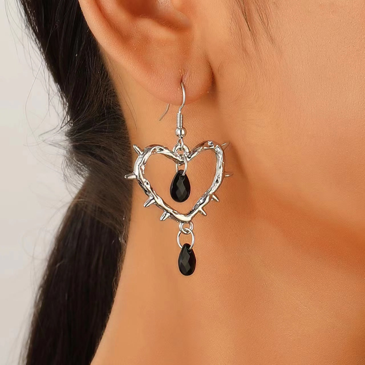 Wholesale Gothic thorn heart-shaped cross water drop punk earrings