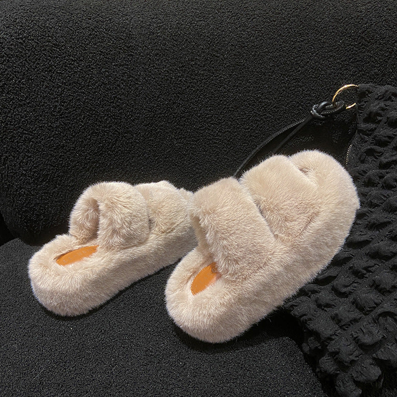 Wholesale 7CM thick-soled lining with velvet leather printing and outer fur mop plush winter slippers