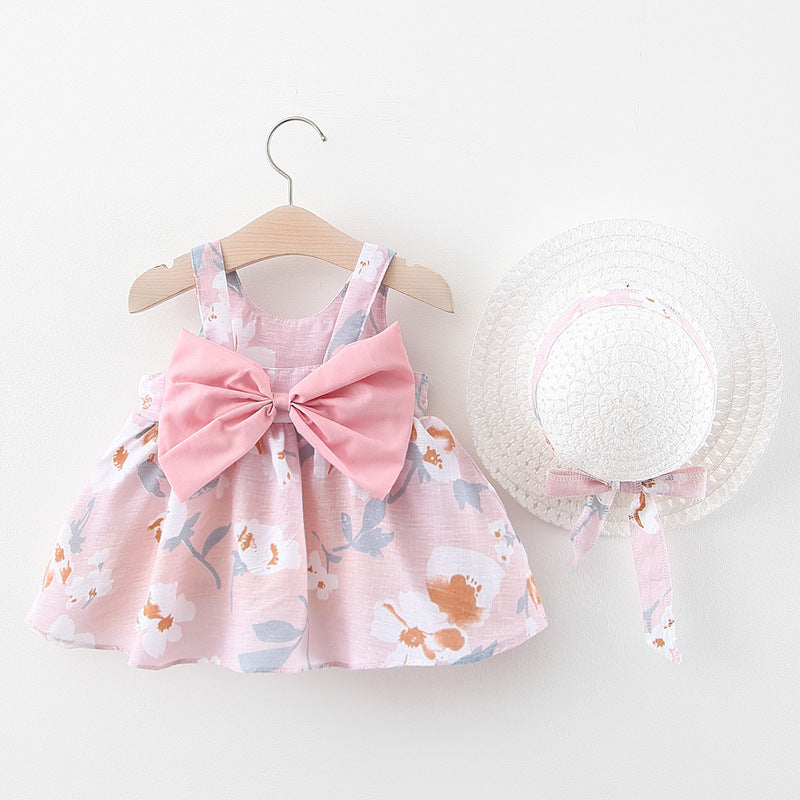 Wholesale Summer Baby Girl Strap Dress With Bow Print Cotton Toddler Party Outfit Gift