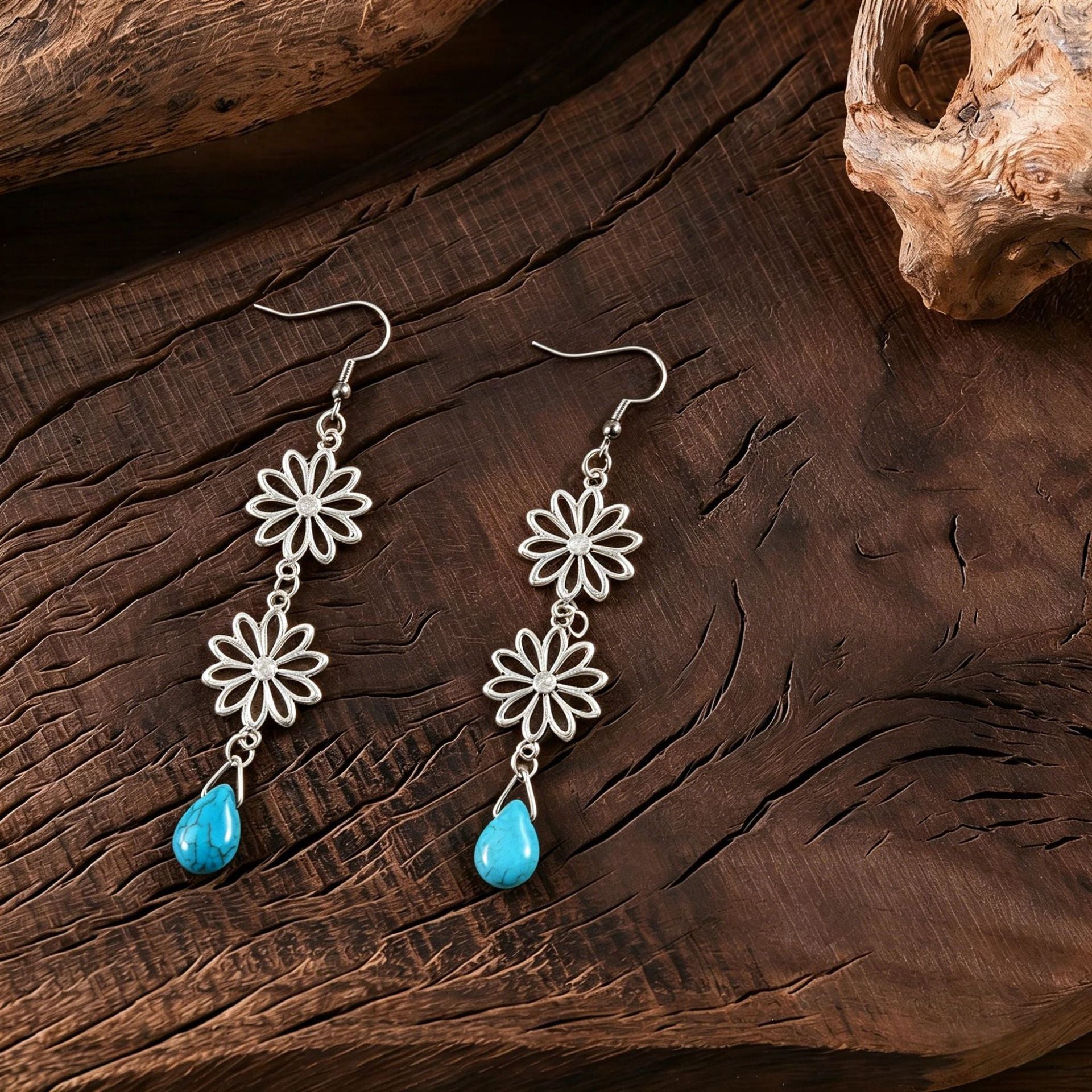 Wholesale Retro Bohemian Moon Drop Earrings For Women Turquoise Inlay Hollow Flower Zinc Alloy Everyday Wear