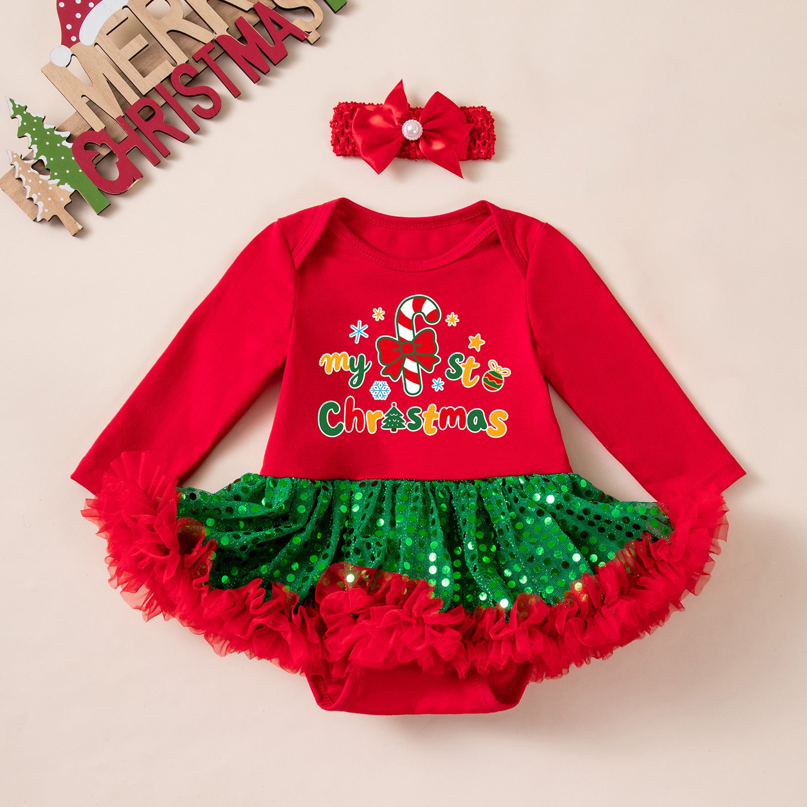 Wholesale Red Long Sleeve Sequin Tulle Baby Girl Christmas Dress Set With Hairband Leg Warmers Boutique Holiday Outfit