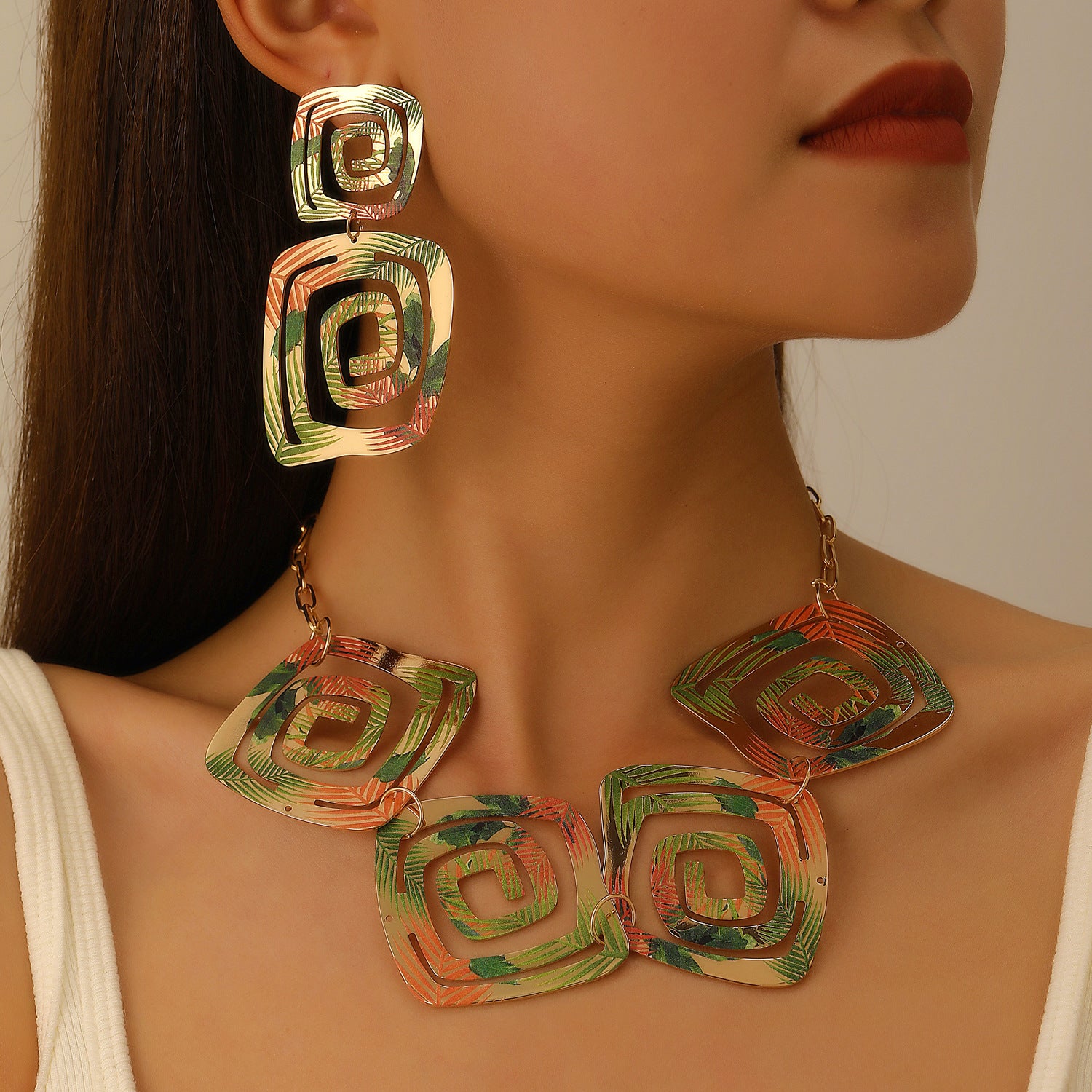 Wholesale Retro Geometric Gold Tone Alloy Earrings And Necklace Set Boho Party Jewelry For Women Gift Boutique Resale