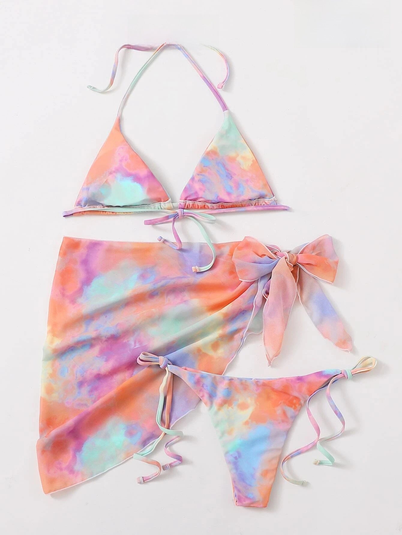 Wholesale Tie-dyed three-piece colorful chiffon swimsuit