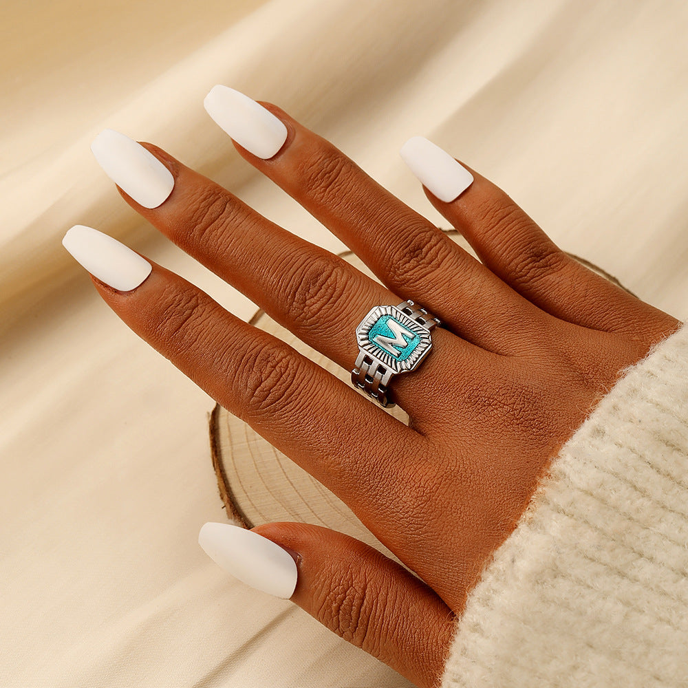 Wholesale Versatile Niche Stainless Steel Open Square Letter Blue Drip Oil Ring