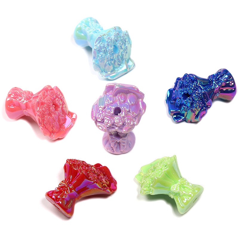 Wholesale 100pcs UV plated color bow hand bouquet vertical hole beaded solid color rose bouquet acrylic beads diy jewelry accessories