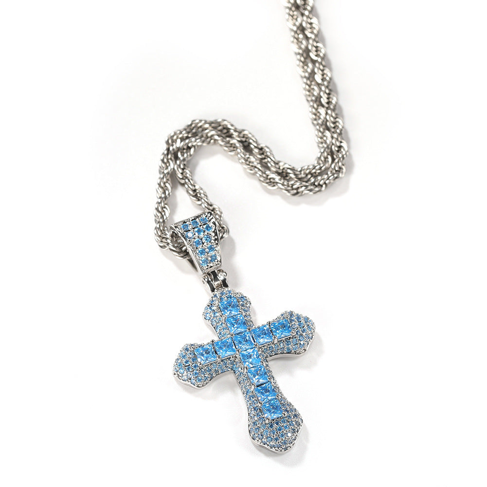 Wholesale Blue zircon colorful cross pendant men' s necklace