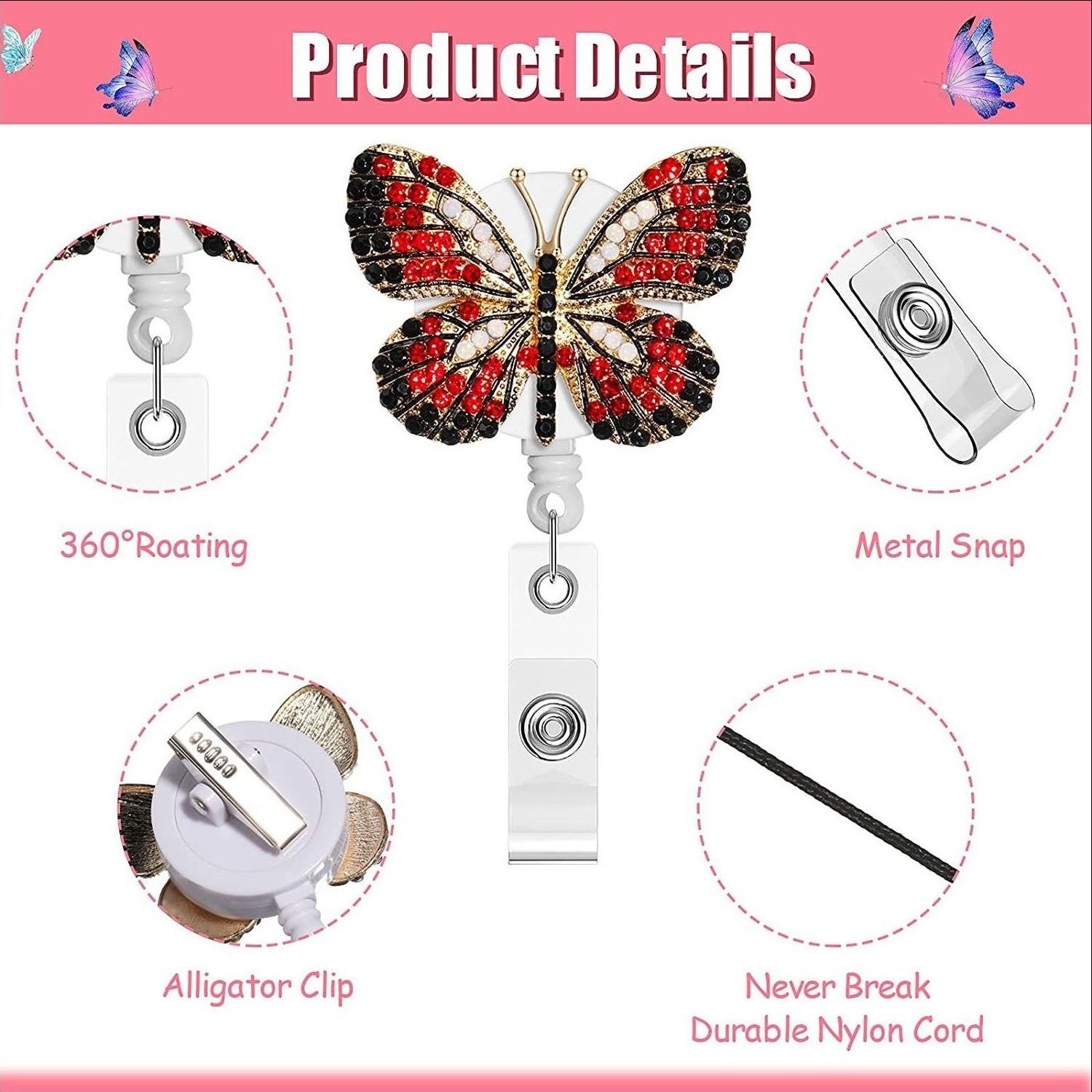 Wholesale Colored Metal Diamond Butterfly Emblem Scroll Retractable Keychain
