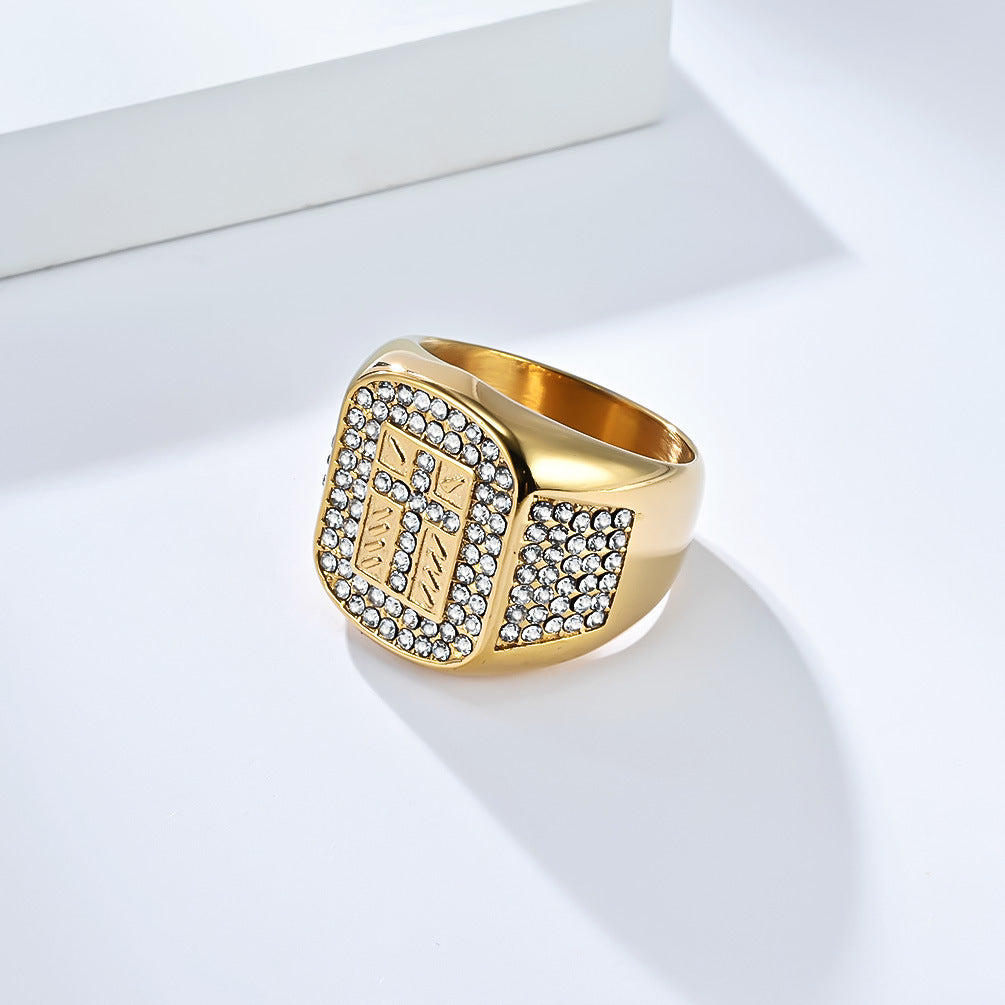 Wholesale Hip-hop titanium steel full diamond cross men's ring